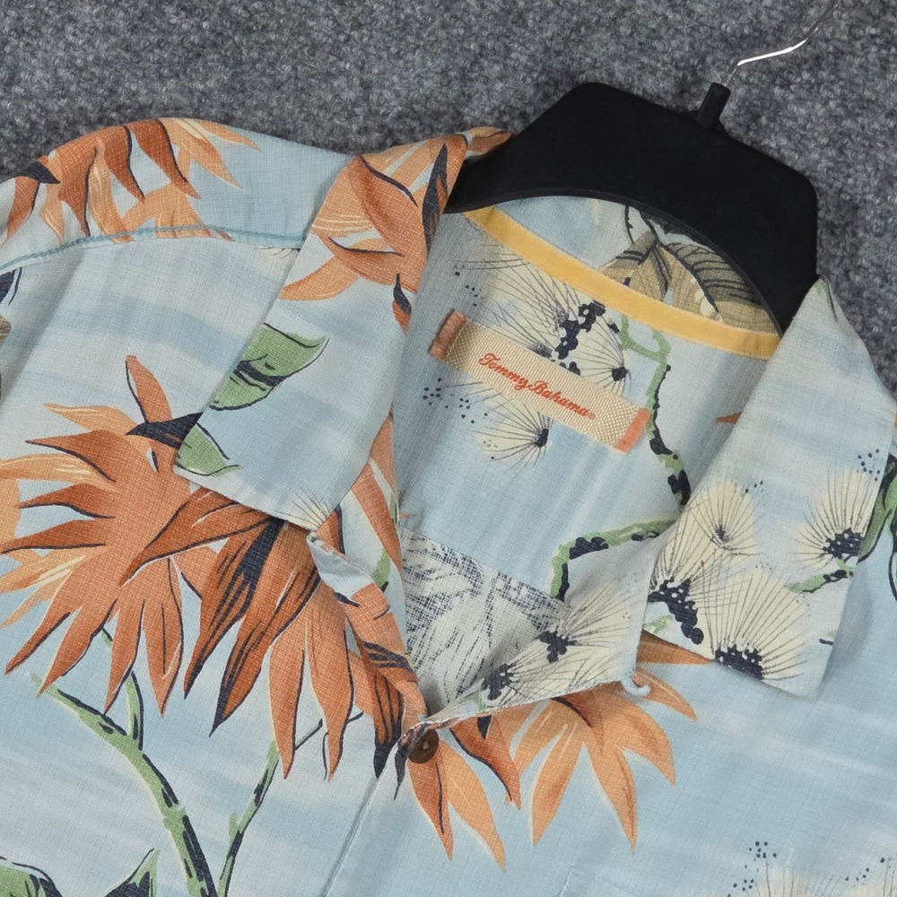 Tommy Bahama Mens XL Short Sleeve Button Down Shirt Green Silk Tropical Floral